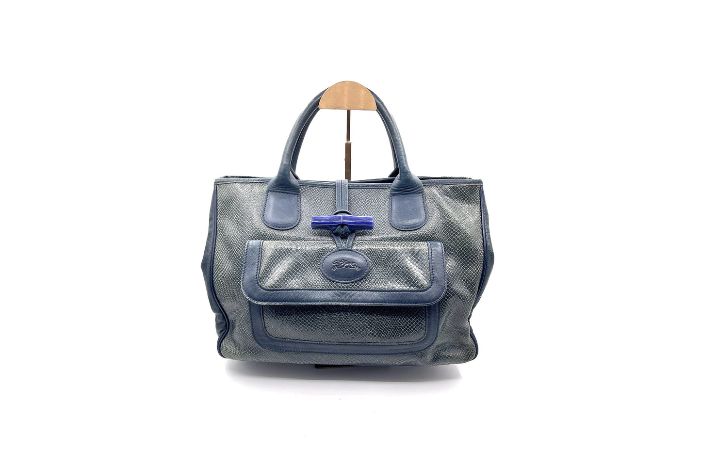 Roseau Shearling Navy Blue Lizard Skin Embossed Satchel