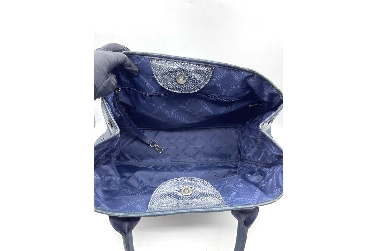 Roseau Shearling Navy Blue Lizard Skin Embossed Satchel