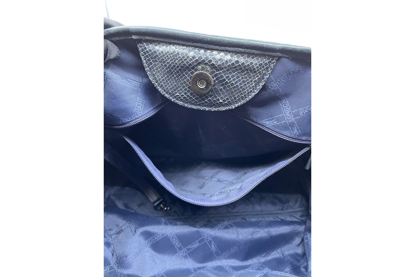 Roseau Shearling Navy Blue Lizard Skin Embossed Satchel