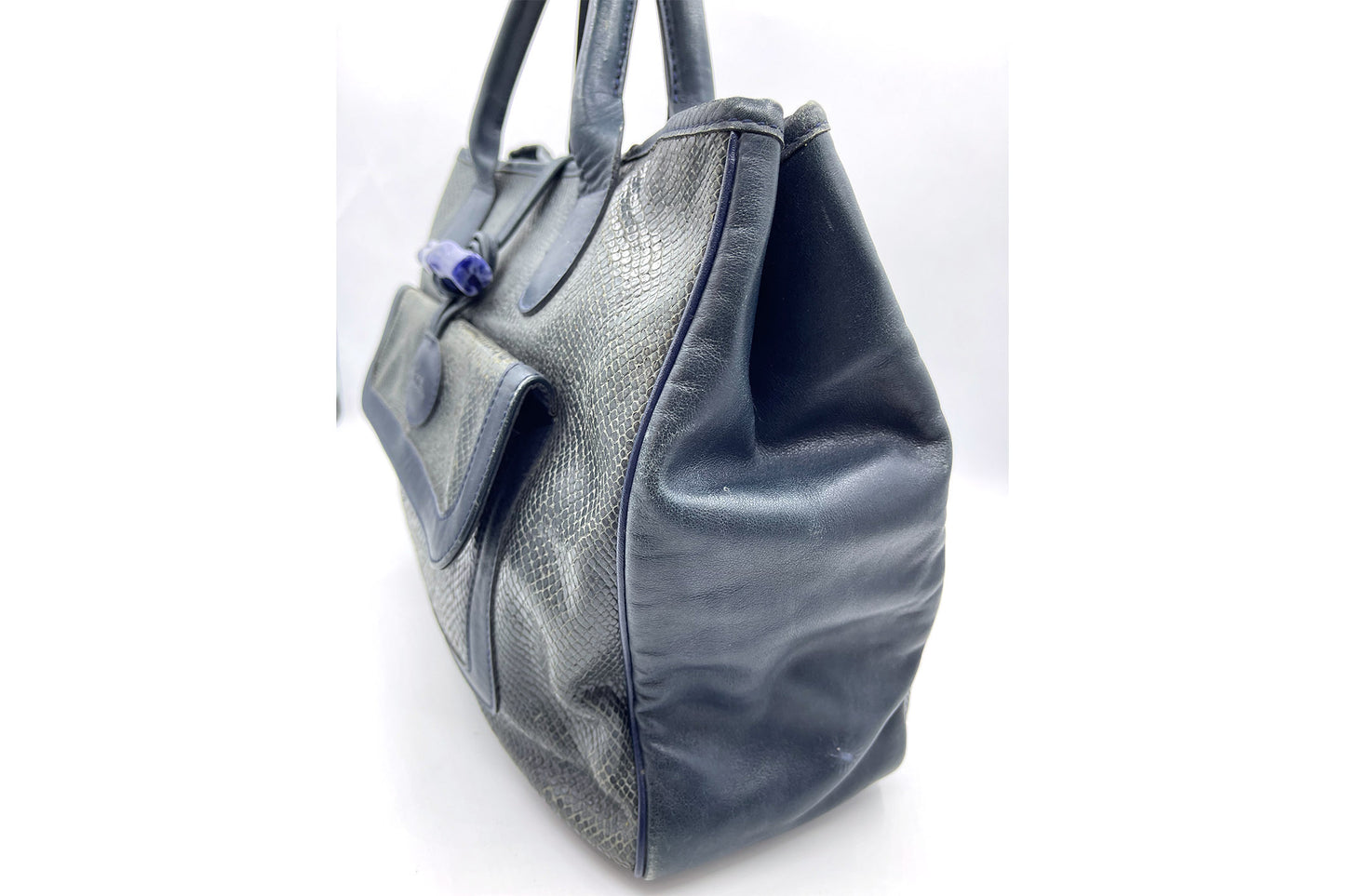 Roseau Shearling Navy Blue Lizard Skin Embossed Satchel