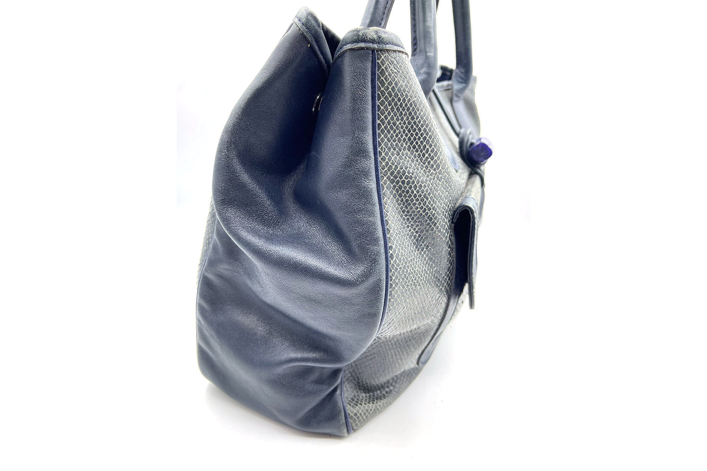 Roseau Shearling Navy Blue Lizard Skin Embossed Satchel