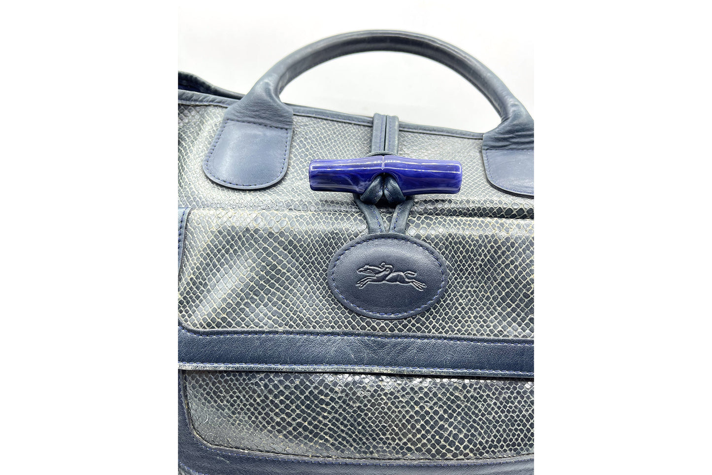 Roseau Shearling Navy Blue Lizard Skin Embossed Satchel