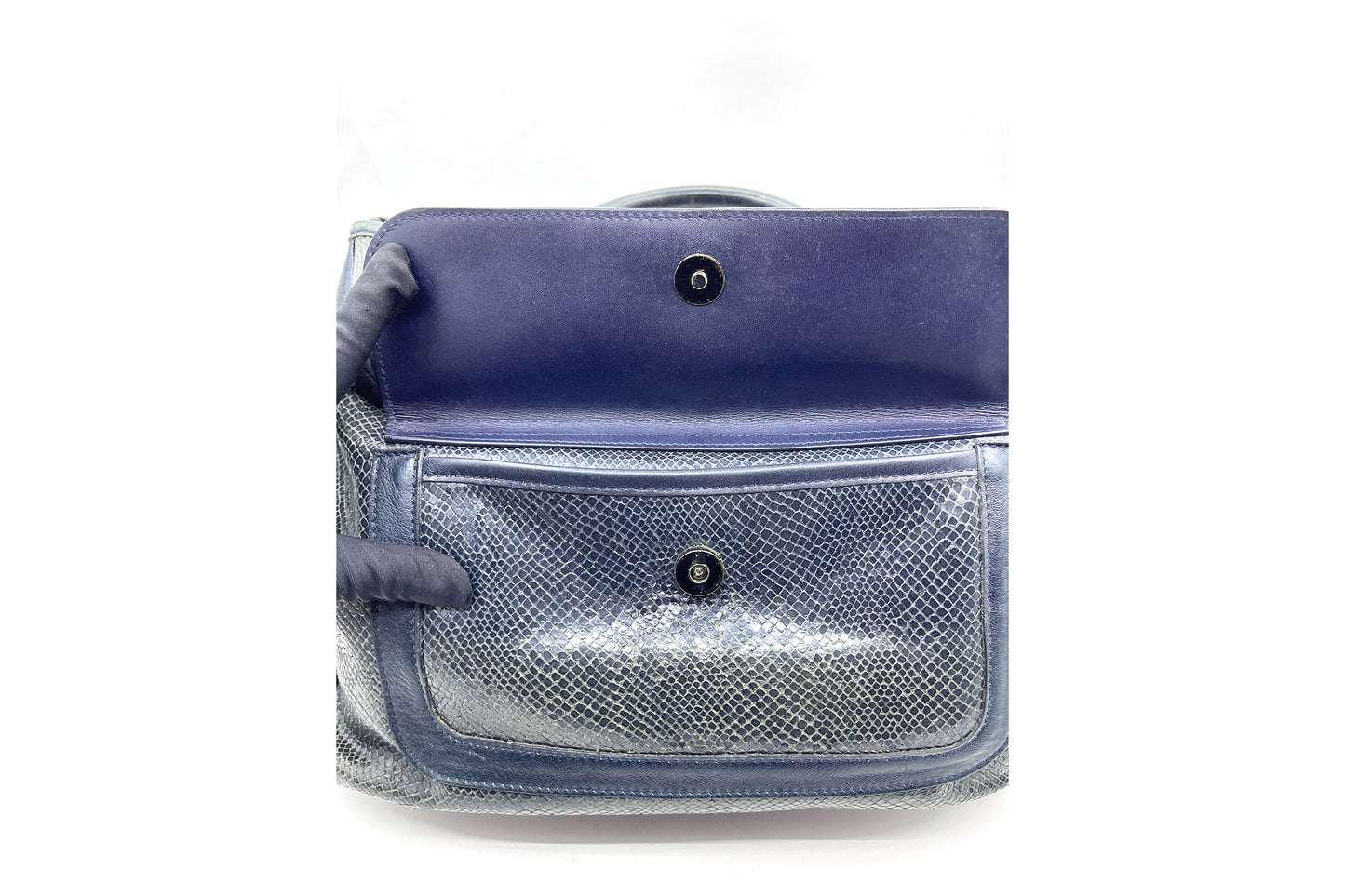 Roseau Shearling Navy Blue Lizard Skin Embossed Satchel