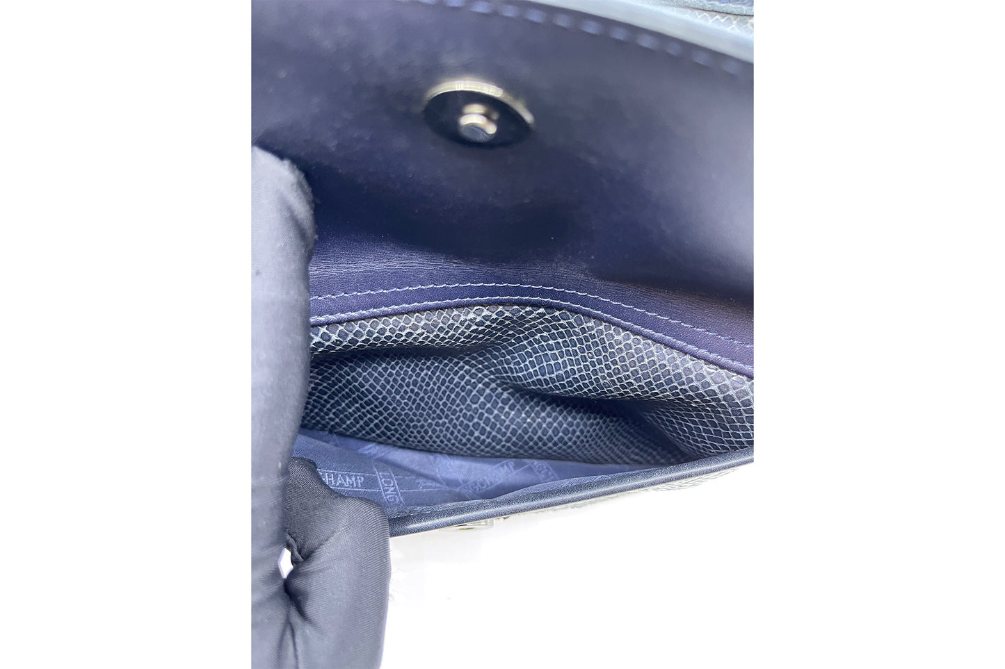 Roseau Shearling Navy Blue Lizard Skin Embossed Satchel