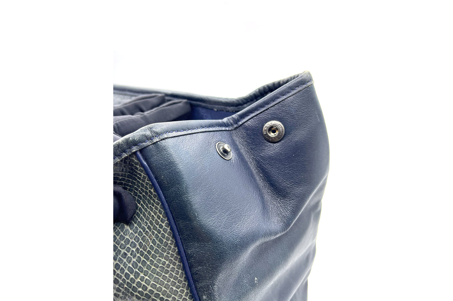 Roseau Shearling Navy Blue Lizard Skin Embossed Satchel
