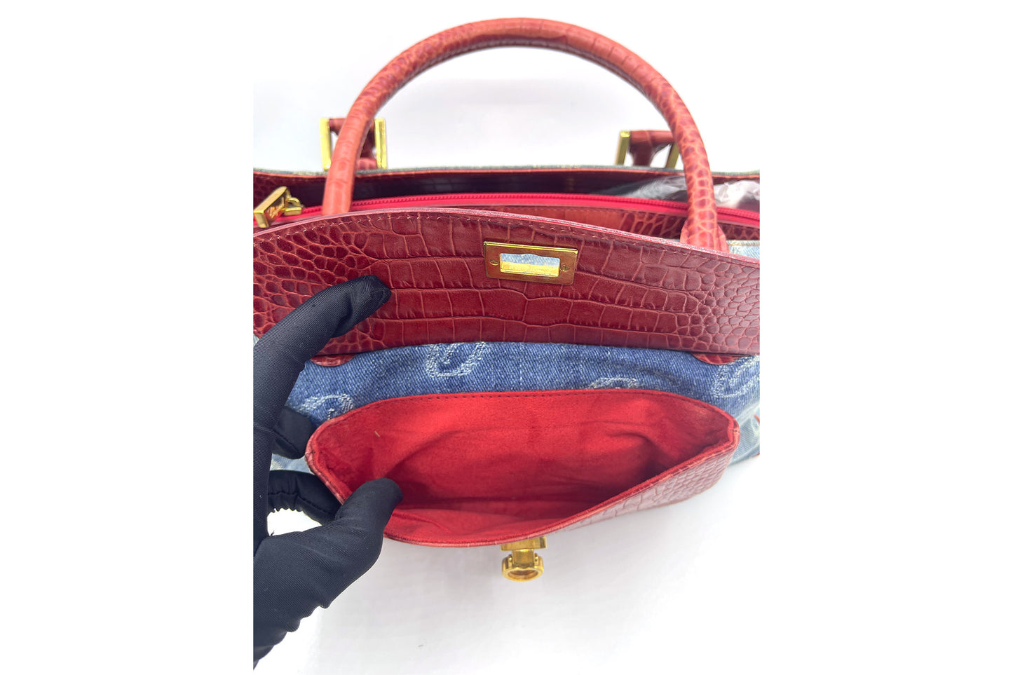 Chopard Denim and Red Croc Skin Handbag