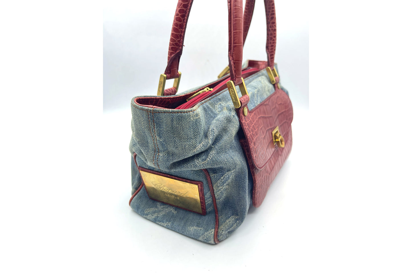Chopard Denim and Red Croc Skin Handbag