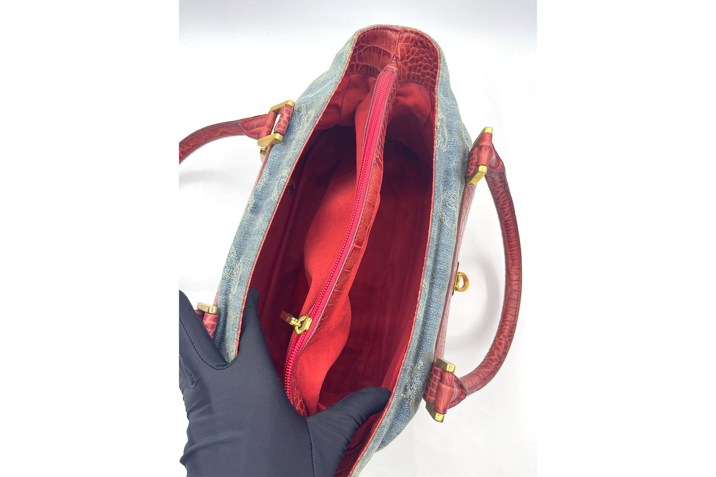 Chopard Denim and Red Croc Skin Handbag