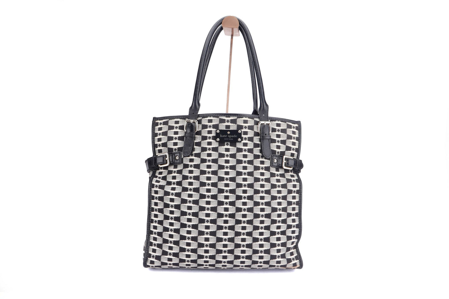 Kate Spade Canvas Monogram Vertical Tote Bag With Black Patent Handle (WDC)