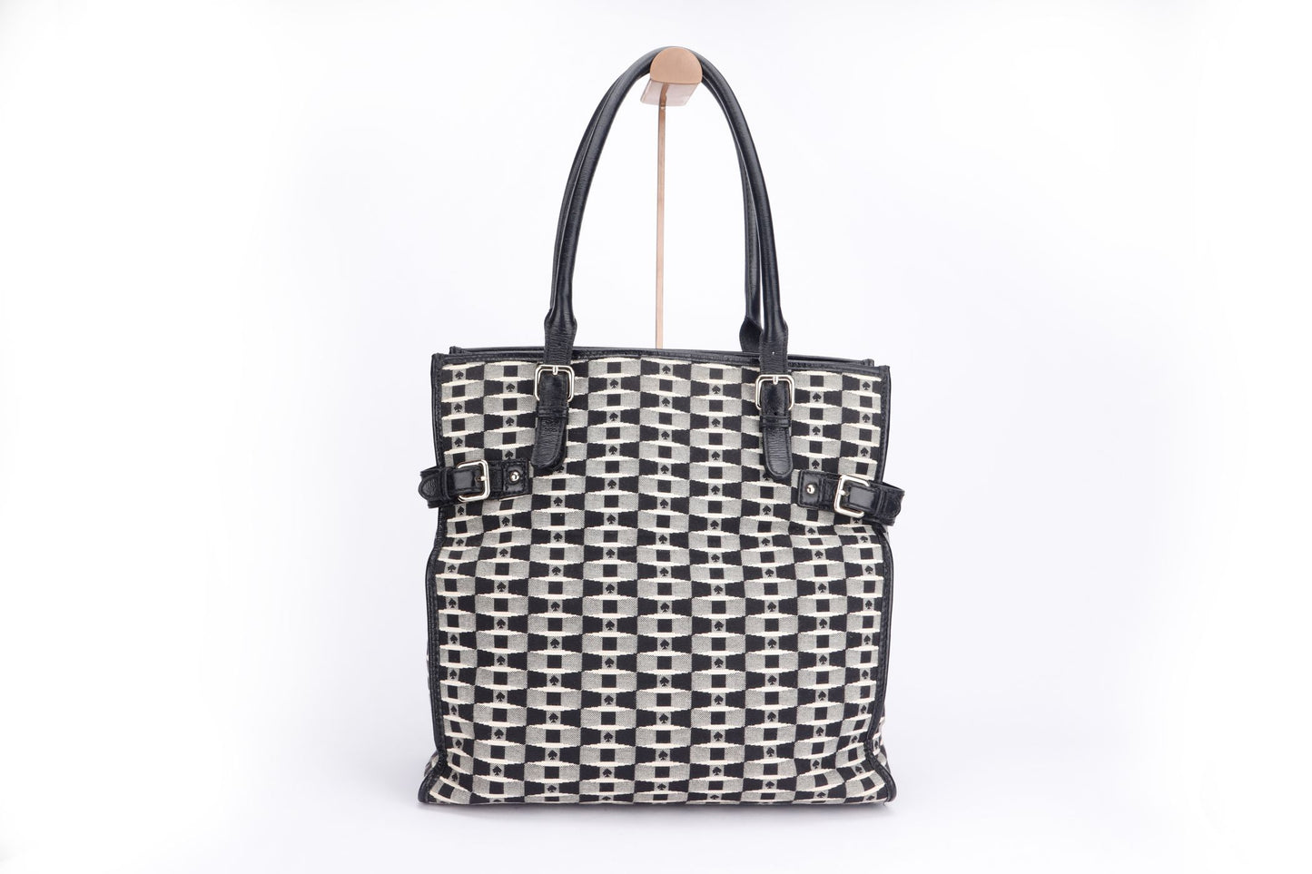 Kate Spade Canvas Monogram Vertical Tote Bag With Black Patent Handle (WDC)