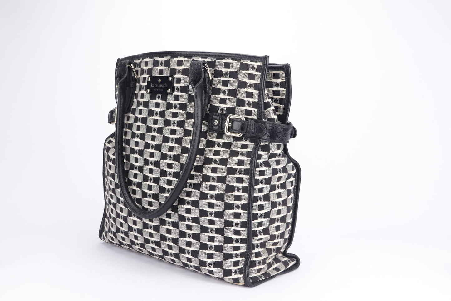 Kate Spade Canvas Monogram Vertical Tote Bag With Black Patent Handle (WDC)