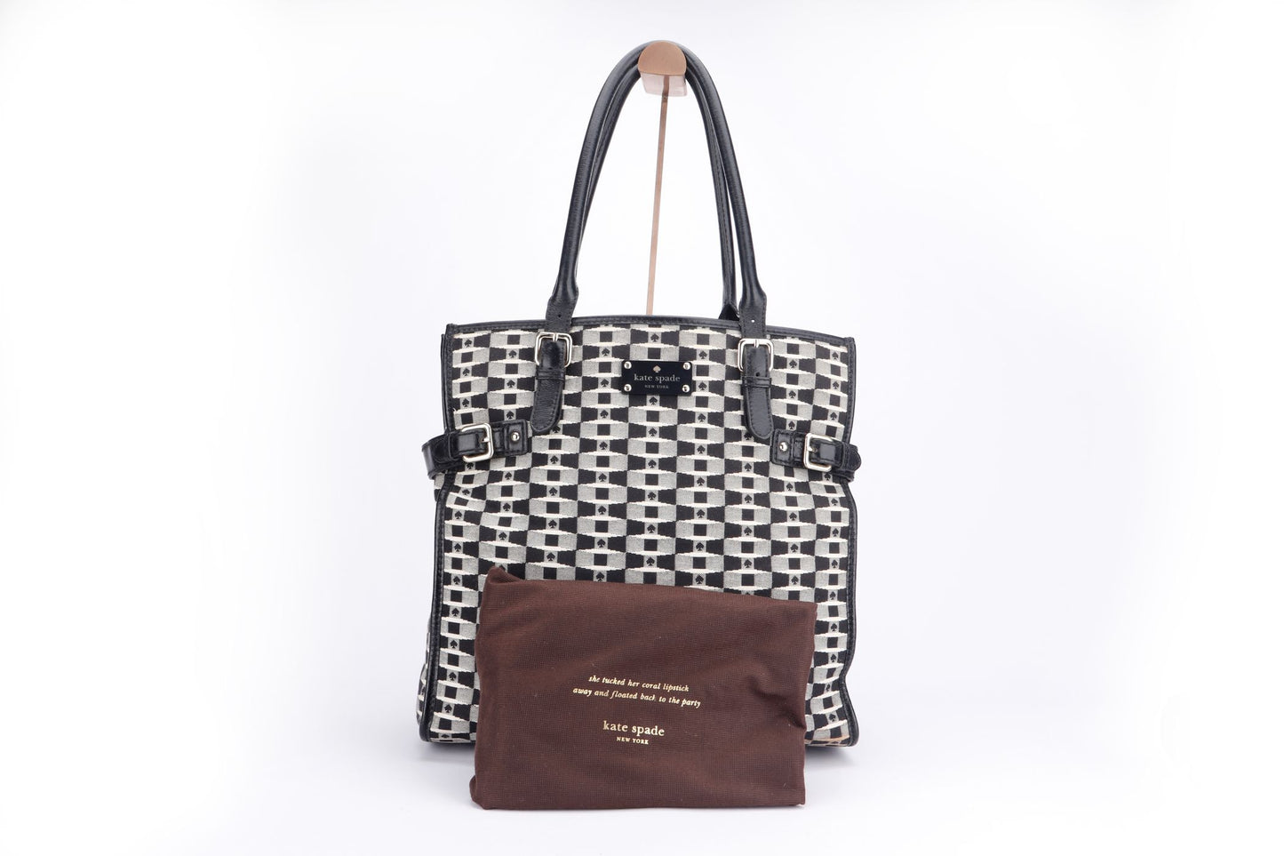 Kate Spade Canvas Monogram Vertical Tote Bag With Black Patent Handle (WDC)