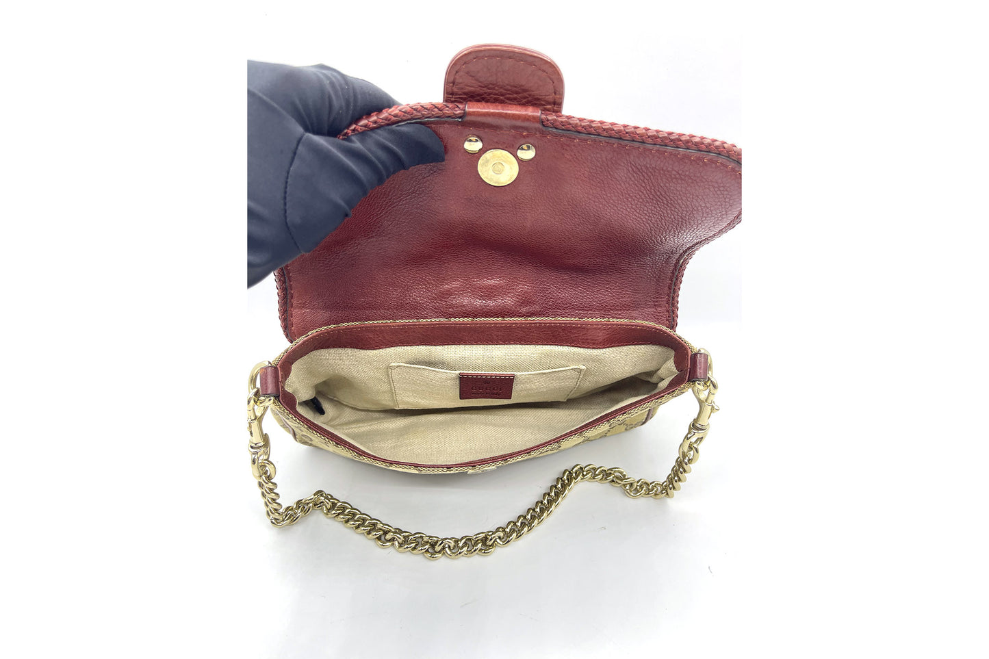 Gucci Brown GG Canvas & Burgundy Leather Marrakech Chain Shoulder Bag