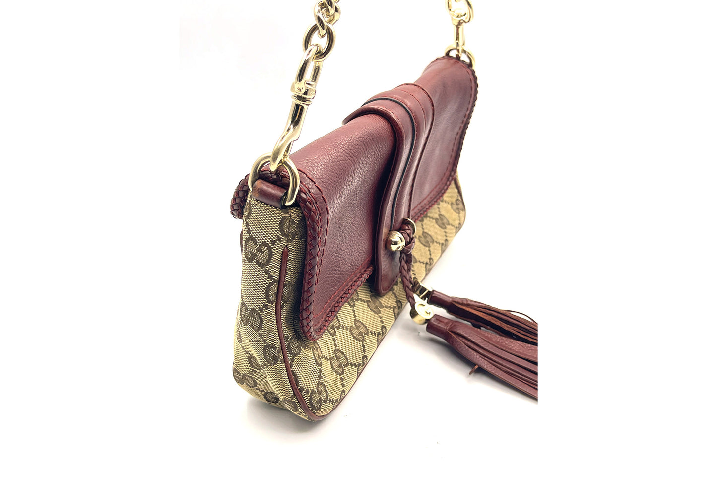 Gucci Brown GG Canvas & Burgundy Leather Marrakech Chain Shoulder Bag