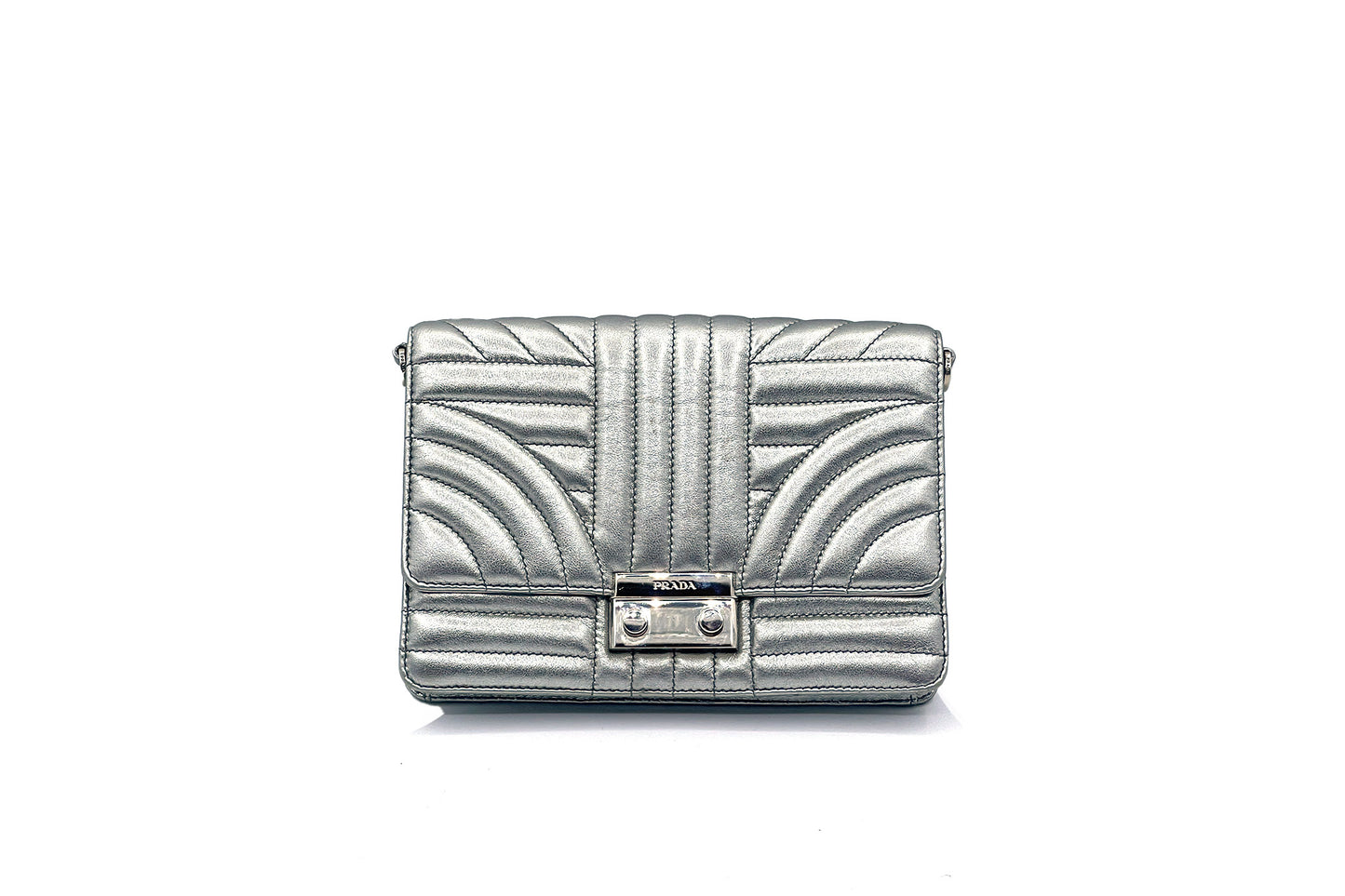 Prada Metallic Silver Diagramme Leather Flap Crossbody Bag