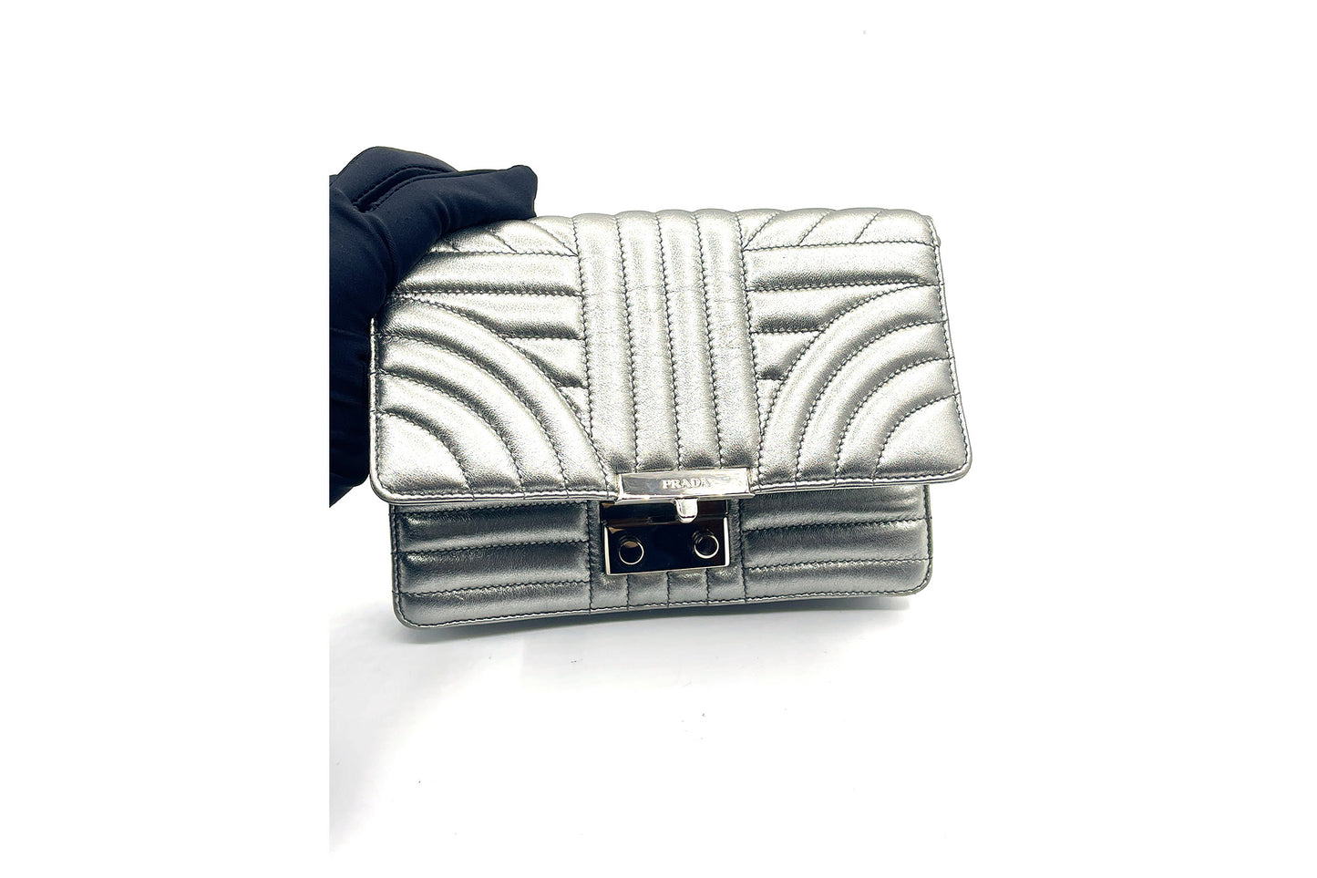 Prada Metallic Silver Diagramme Leather Flap Crossbody Bag