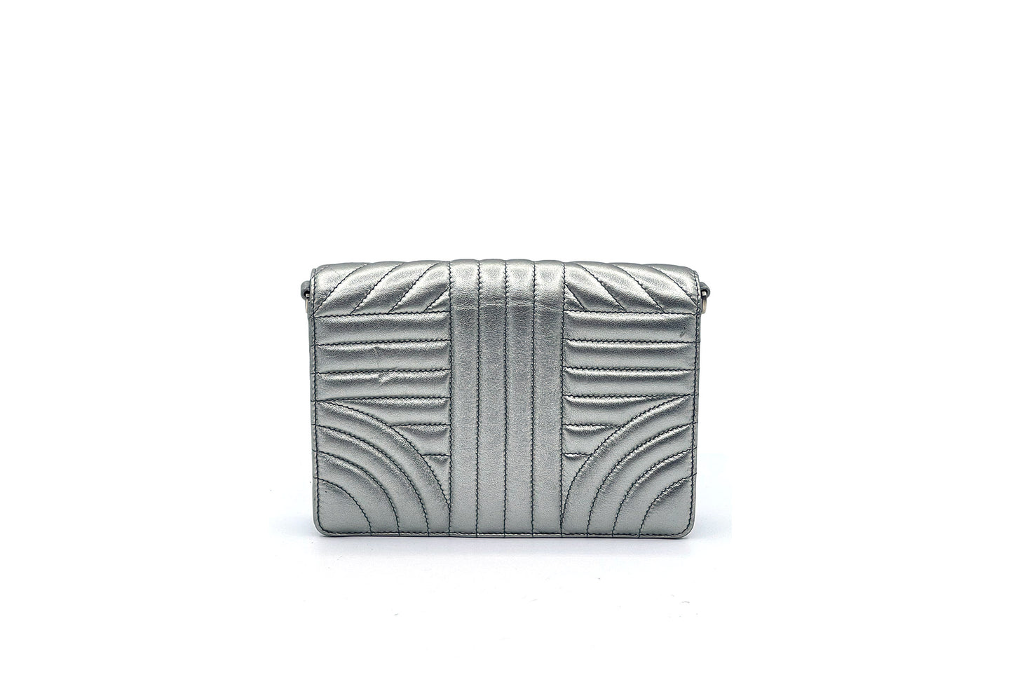 Prada Metallic Silver Diagramme Leather Flap Crossbody Bag