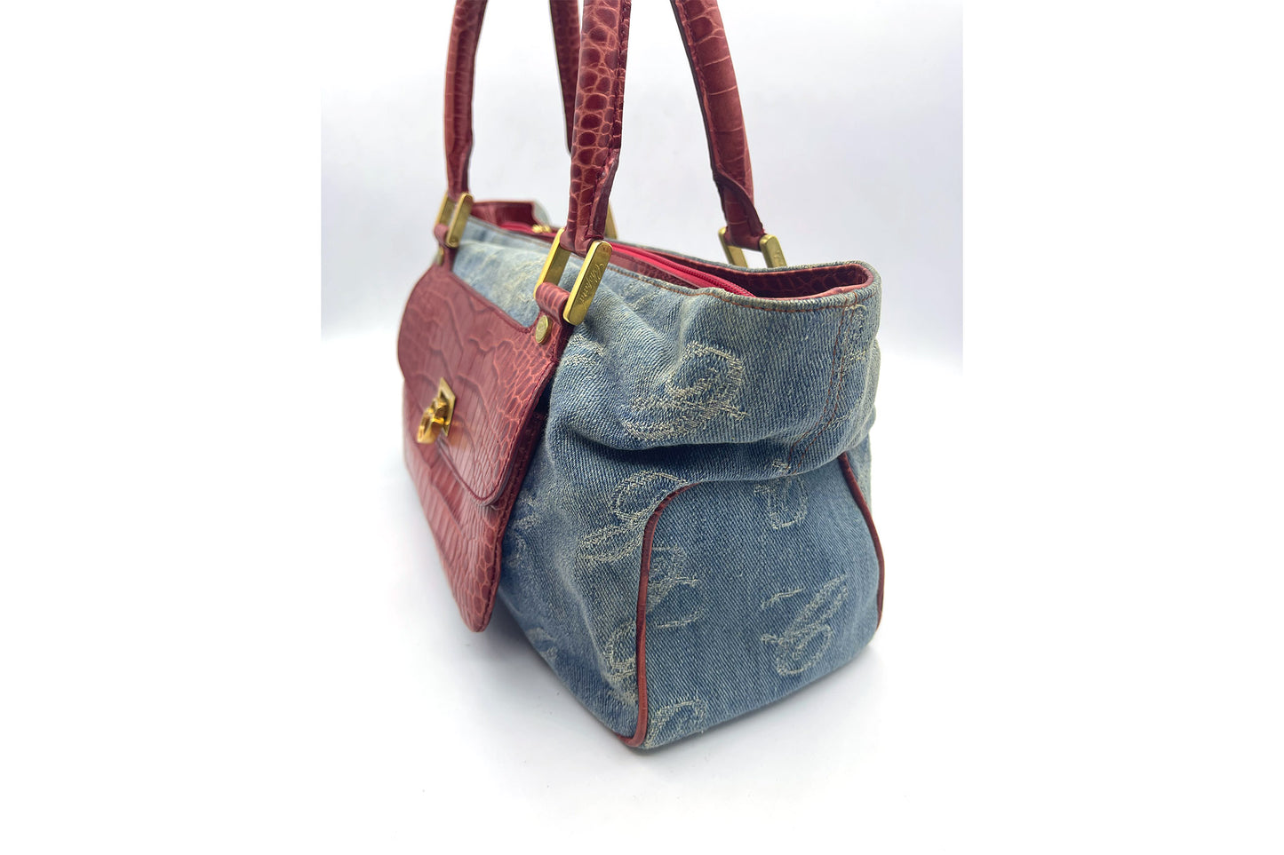 Chopard Denim and Red Croc Skin Handbag