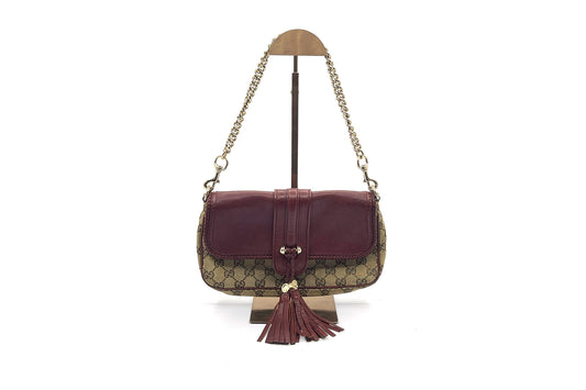Gucci Brown GG Canvas & Burgundy Leather Marrakech Chain Shoulder Bag