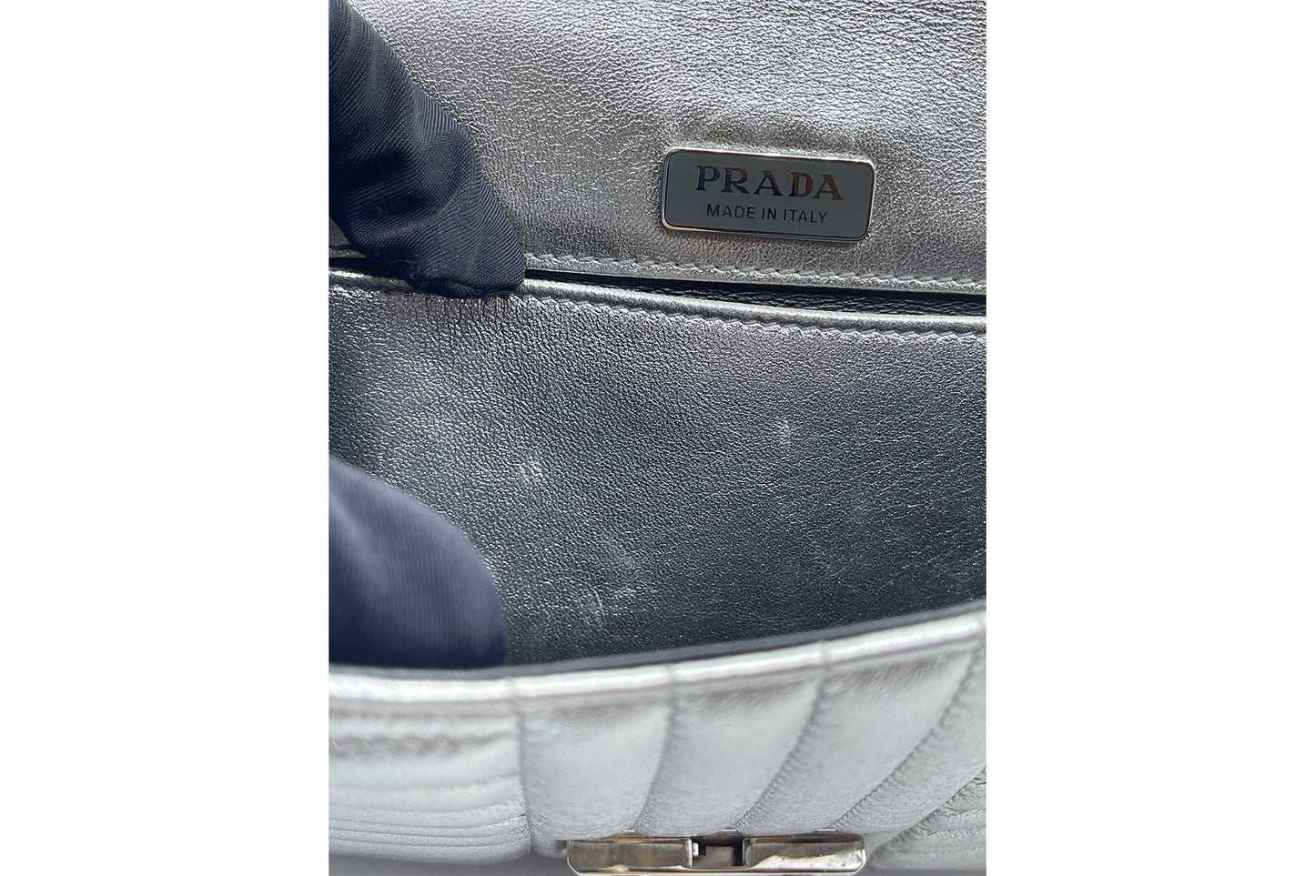 Prada Metallic Silver Diagramme Leather Flap Crossbody Bag